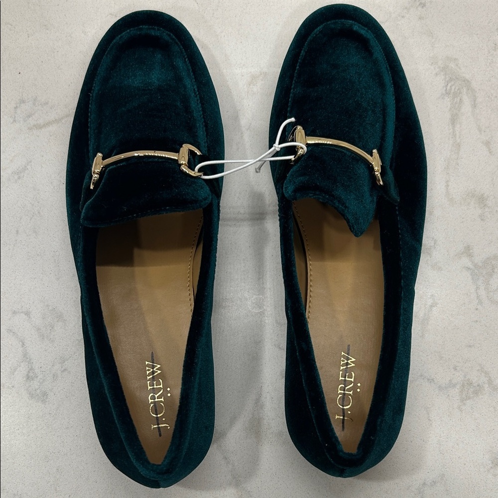 J. Crew Velvet Bit Green Elegant Holiday Loafers with Gold Accent 10 NWT - Picture 4 of 14